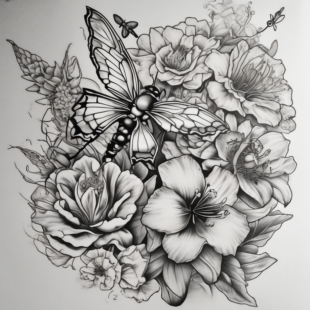 Calia Lily, rose, gadiolus, carnation,Narcissus,poppy, aster, violet ,chrysanthemum, lily of the valley and water lily sleeve on upper arm and shoulder with bumblebees and dragonflies on skin floral sleeve tattoo, design de tatouage Blackwork généré par IA